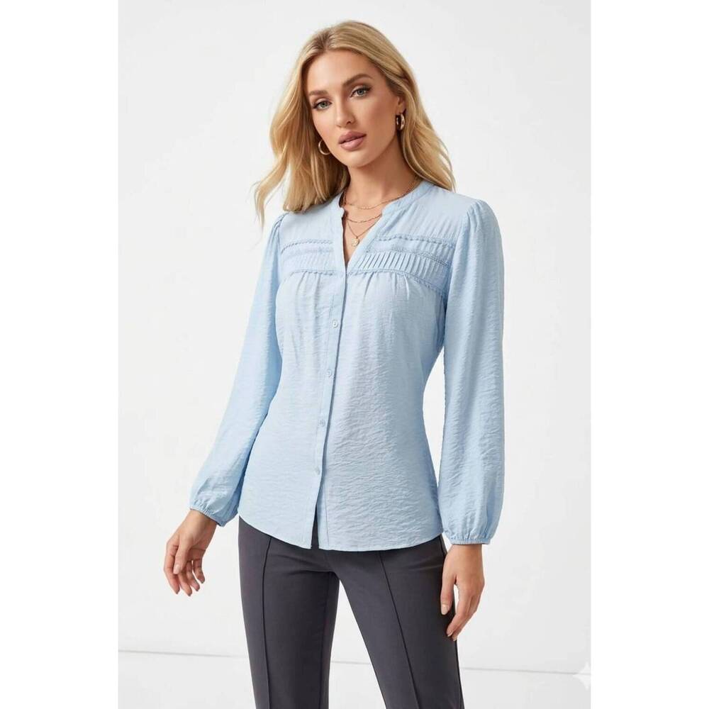 NEW HESTER & ORCHARD pintuck pleated long sleeve blouse in blue